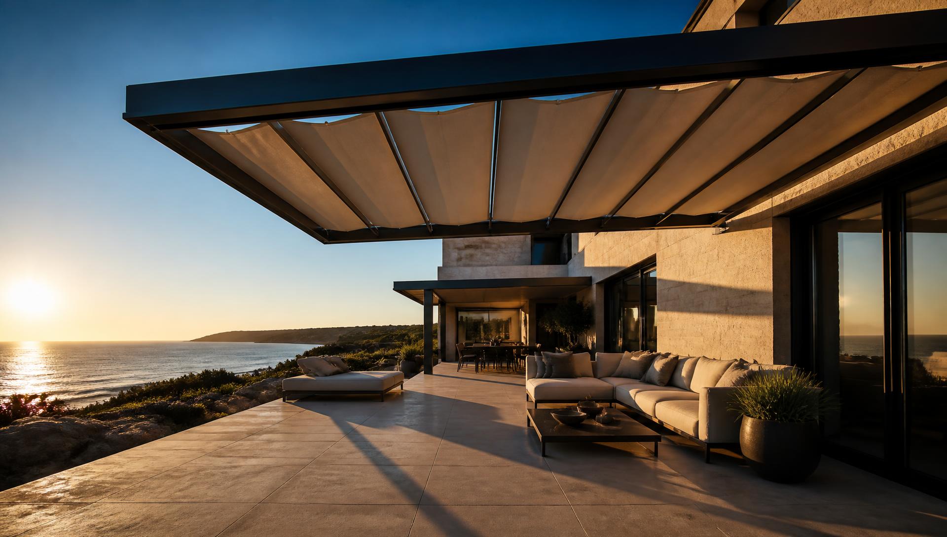 Retractable fabric pergola shading a coastal terrace at sunset