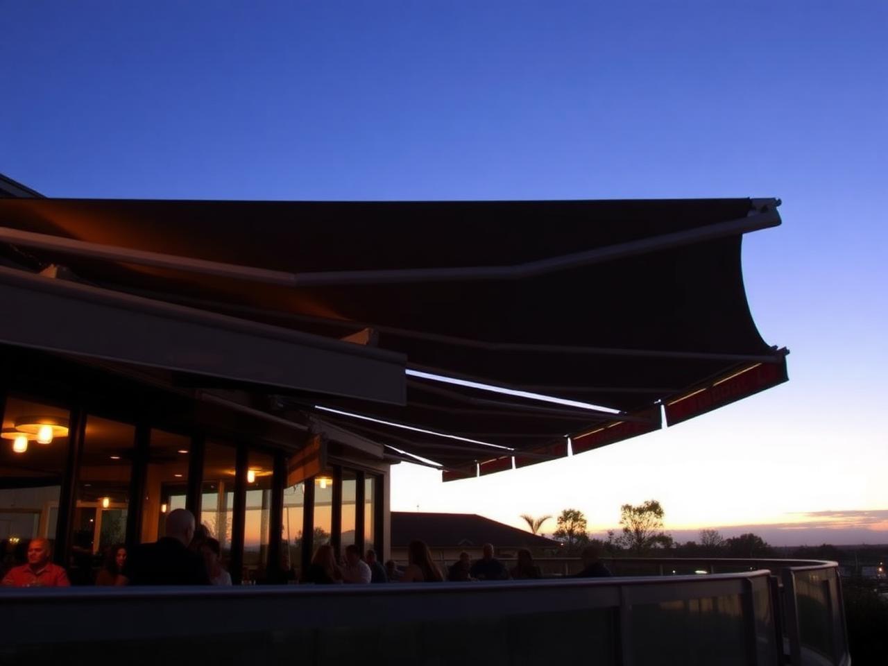 Retractable awnings over a restaurant terrace at dusk
